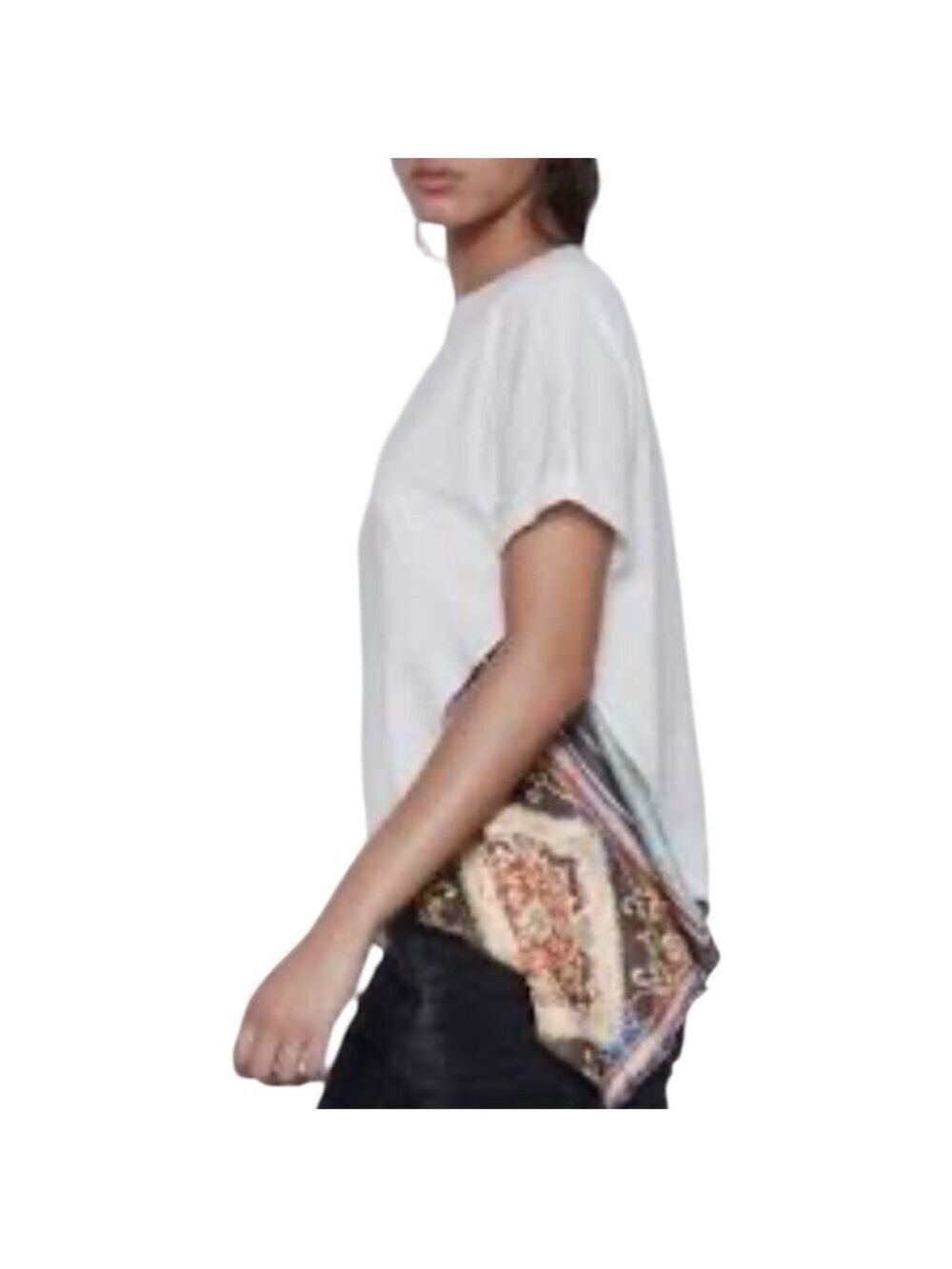 ZARA Asymmetrical T-Shirt, Size XL, White/Multicolor Cotton